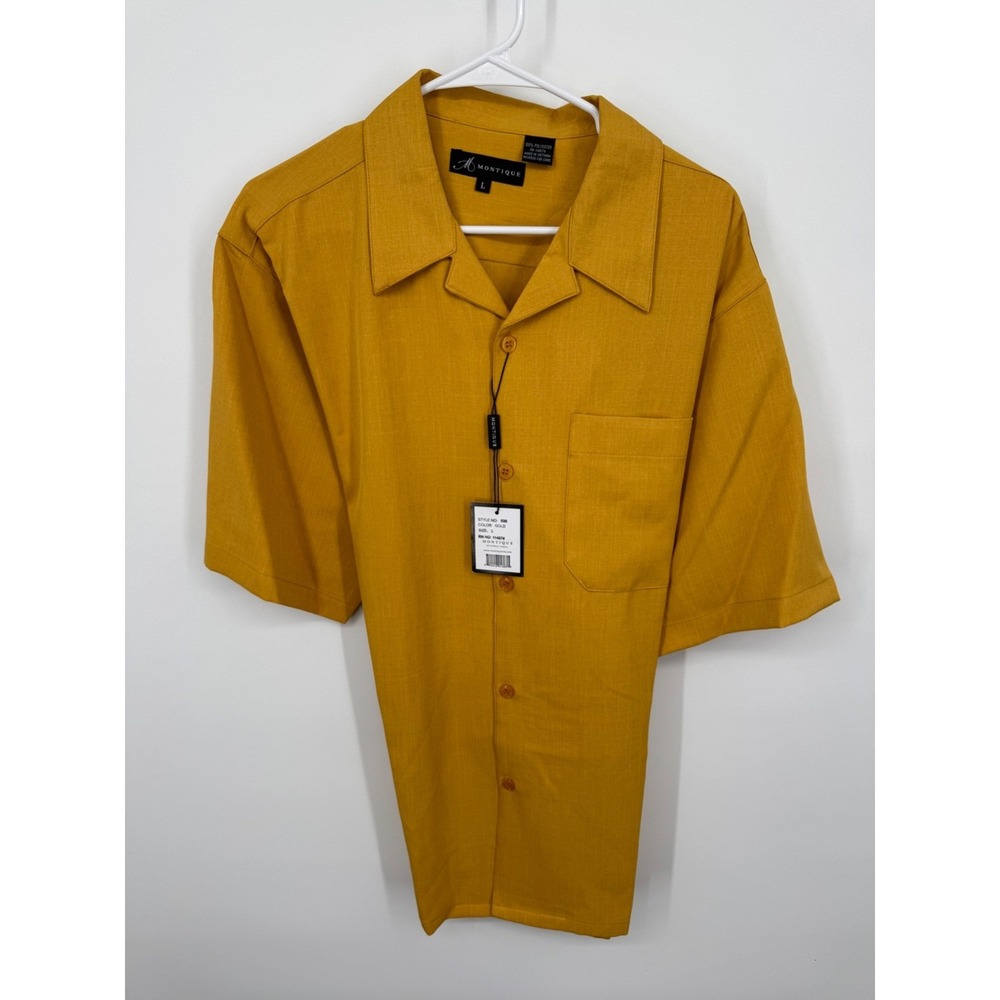 NWT Montique Button-Up Shirt Men's large Mustard‎ Buttons Short Sleeve Summer